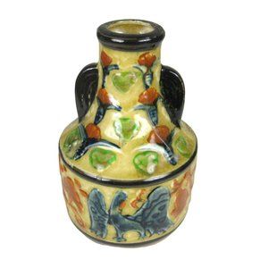 Ceramic Vase Blue Bird Made in Japan Vintage Handles Yellow Rustic Crazing